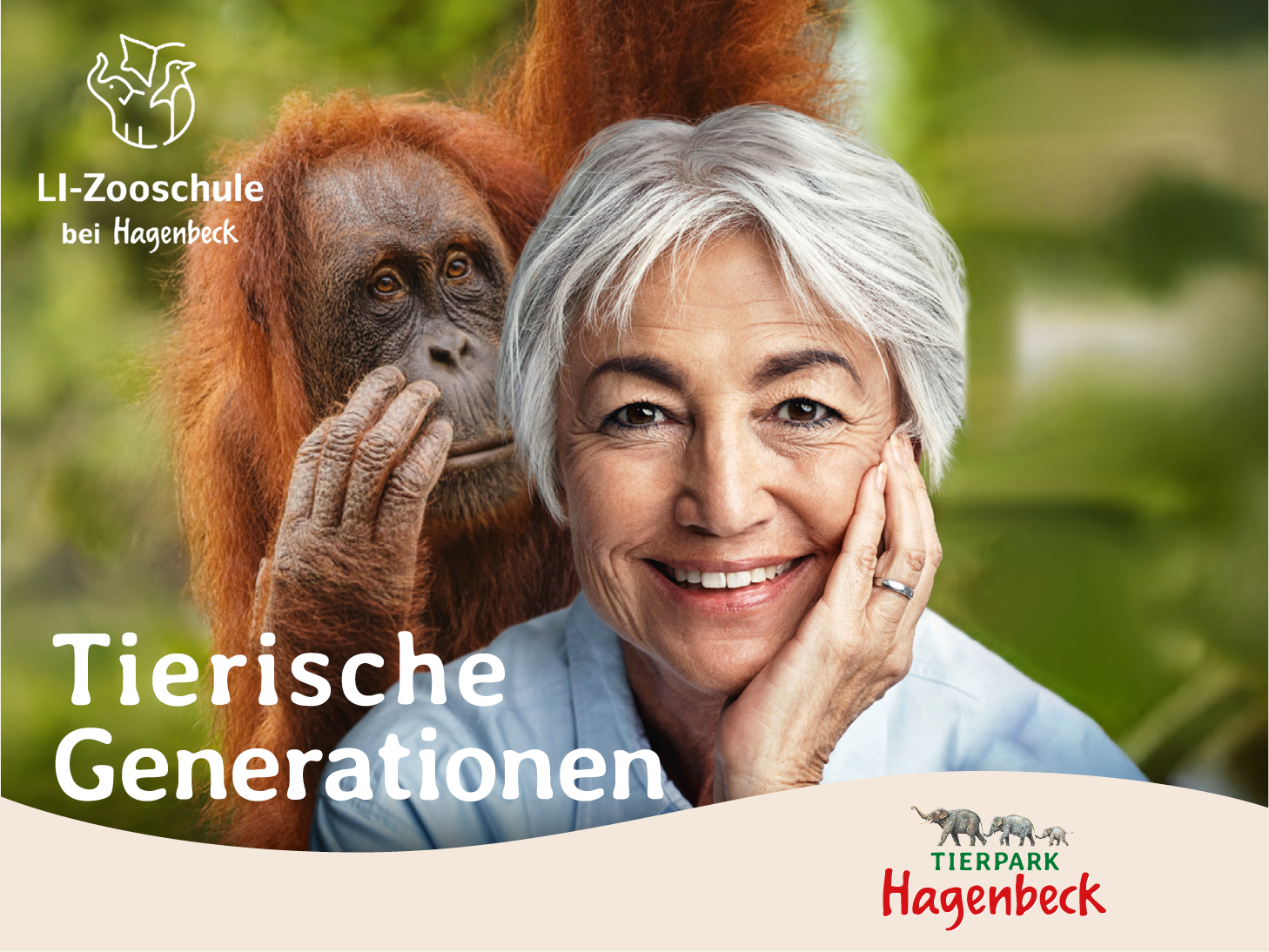 Kampagnenmotiv von Hagenbeck mit Frau und Orang-Utan, Slogan 'Tierische Generationen'.